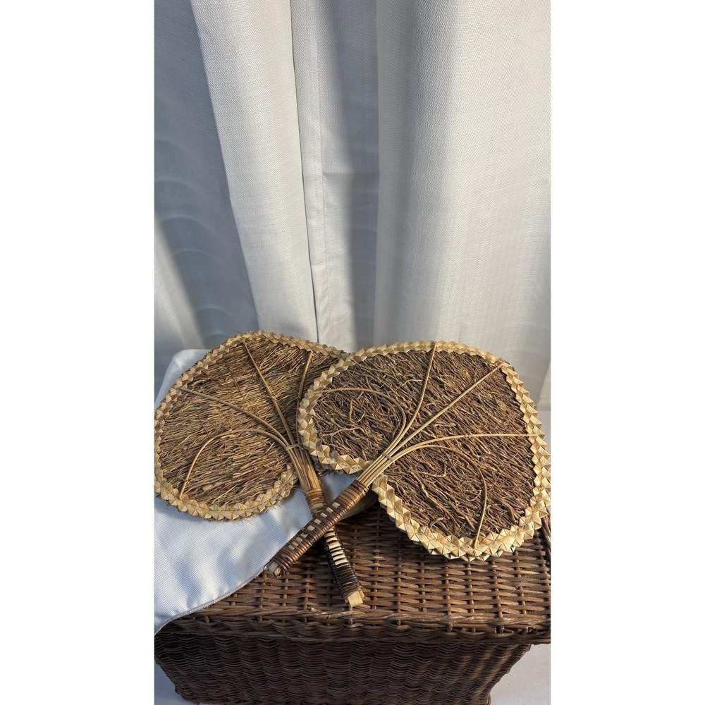 Vintage Hand Woven Straw Wicker Rattan Hand Fan MCM Boho Wall Decor Set Of 2